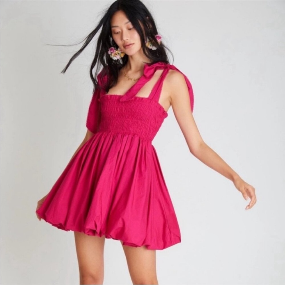 LoveShackFancy Amada Tie-Shoulder Bubble Dress Mini Smocked Puff Pink Medium